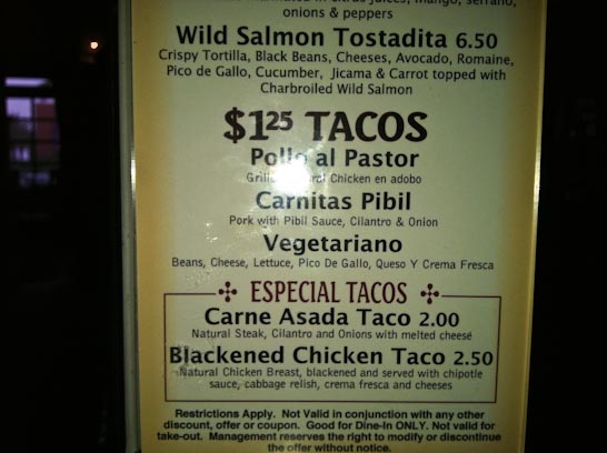 Happy hour menu at Taco Rosa