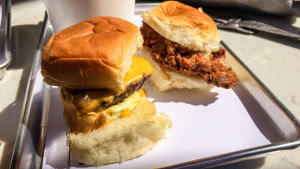 Cheeseburger slider on the left, fried chicken slider on the right, Burntzilla, Irvine