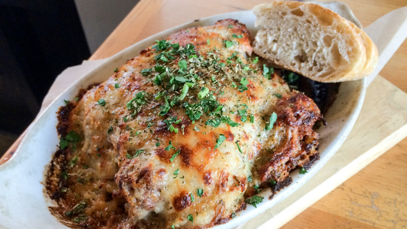 Moussaka, similar to lasagna, with eggplant, beef, and potatoes