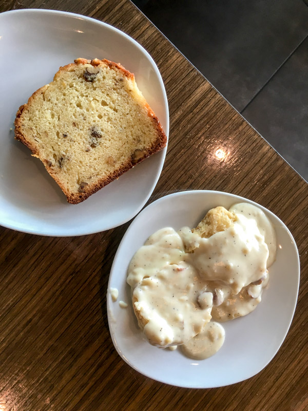 Biscuits and gravy along with scratch made banana bread